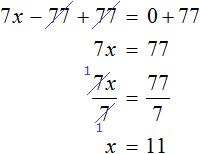 9x minus 77 plus 77 ravno 0 plus 77 step 5